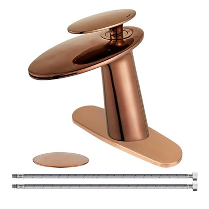 Rose Gold Waterfall Bathroom Sink Faucet and Pop Up Drain Assembly - color: Rose Gold, size: Short Body