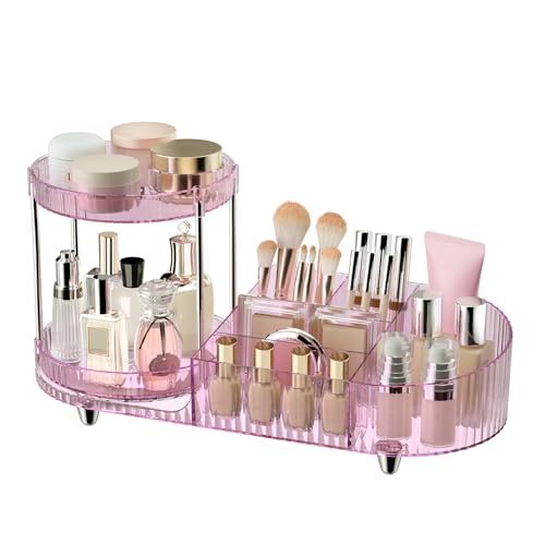 360 Rotating Vanity Makeup Organizer, 2 Small Trays & 5 Compartments for Cosmetics, Skincare, Perfume, Lipstick & Make up Brushes Holder, Dresser Countertop Organizers and Storage for Bathroom, Desk - color: Pinkish Purple
