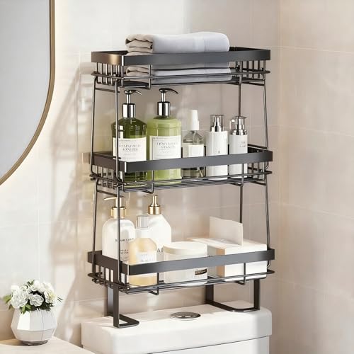 Over The Toilet Storage Rack - Bathroom Organizer Shelf, 3-Tier Floating Shelves with Hooks, No-Drill, Toilet Paper Holder for Restroom Bathroom Vanity Kitchen, Black - color: Black, size: 3 Tier