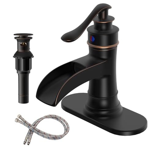 BWE Lead-Free Brass ORB Waterfall Bathroom Faucet for Farmhouse Rustic | Wide Waterfall Spout, Ceramic Cartridge, Fits 1 or 3-Hole Sink, Single Handle, Handware Included, Not for Vessel Sink - color: Oil Rubbed Bronze