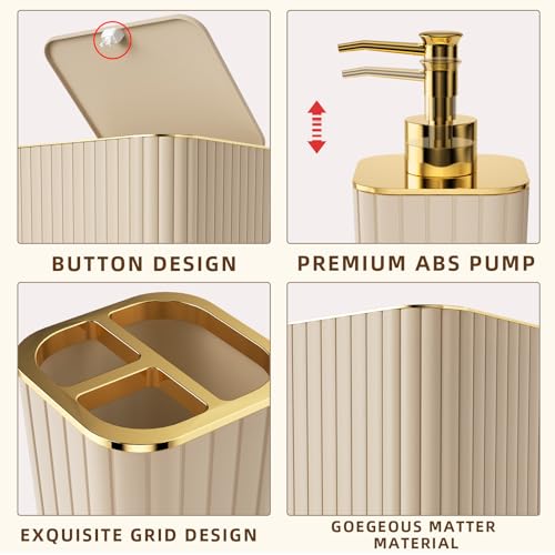 XLHOMO Bathroom Accessories Set - 25PC Bathroom Sets with Shower Curtain and Rugs, Beige Bathroom Accessories with Trash Can, Soap Dispenser, Soap Dish & Toilet Brush - size: Bath Set+Shower Curtain+Rugs, style: Beige&Gold