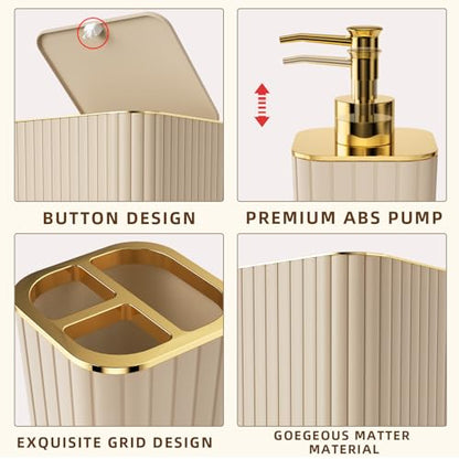XLHOMO Bathroom Accessories Set - Gorgeous Bathroom Set, 10PC Beige Bathroom Accessory Set, Toilet Brush, Trash Can & Soap Dispenser - size: Bath Set, style: Beige&Gold