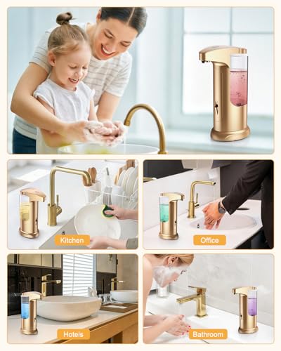 2 Pack Automatic Soap Dispenser for Bathroom Kitchen Home, Gold | 370ml Touchless Dish Soap Dispenser with Infrared Sensor, Battery Operated, 3 Dispensing Levels, Liquid Dispenser
