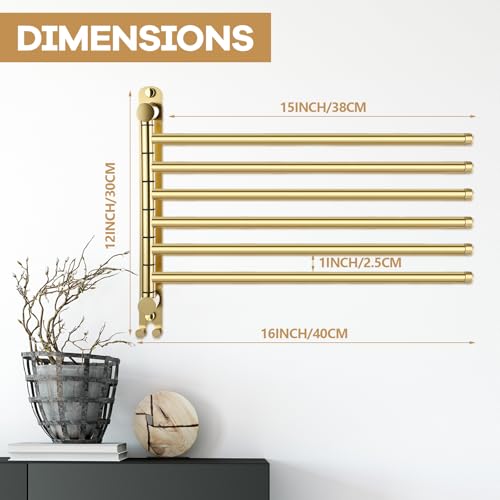 Teenyyou 16.5 Inches Swivel Towel Rack 304 Stainless Steel 6 Arms Bathroom Towel Rack Hanger Pool Holder Wall Mounted Swivel Bar Space Saving with Hook(Gold) - color: Gold, size: 16.5 Inches, style: 6 Arms