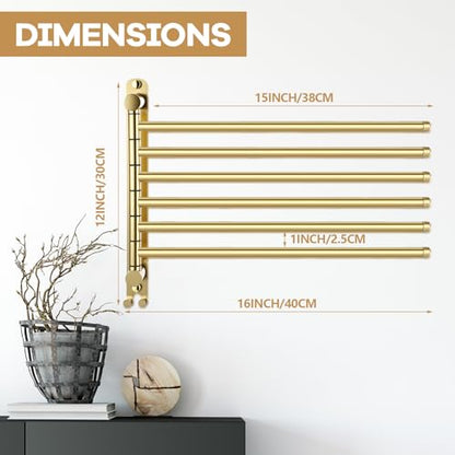 Teenyyou 16.5 Inches Swivel Towel Rack 304 Stainless Steel 6 Arms Bathroom Towel Rack Hanger Pool Holder Wall Mounted Swivel Bar Space Saving with Hook(Gold) - color: Gold, size: 16.5 Inches, style: 6 Arms
