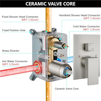 Midanya Shower Faucet Set with Handheld Sprayer,16 Inch,Brushed Nichel | Rough-in Shower Valve and Trim Kit Included,Square Rain Head,Wall Mount Shower System,All Metal,Bathroom - color: Nickel, size: 16 Inch