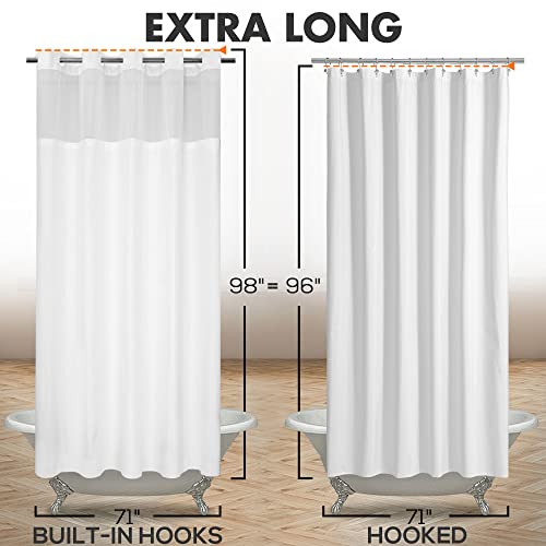 River Dream Extra Long No Hook Slub Textured Shower Curtain with Snap-in PEVA Liner Set - 71" x 98"(96"), Hotel Style with See Through Top Window, Fabric Curtain & Waterproof Liner, White, 71x98 | 71W x 98H, Snap on/off Waterproof PEVA Liner, See Through