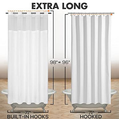 River Dream Extra Long No Hook Slub Textured Shower Curtain with Snap-in PEVA Liner Set - 71" x 98"(96"), Hotel Style with See Through Top Window, Fabric Curtain & Waterproof Liner, White, 71x98 | 71W x 98H, Snap on/off Waterproof PEVA Liner, See Through