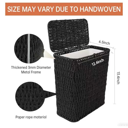 Coeusy 3 Gallon Paper Rope Bathroom Trash Can,Small Wicker Trash Cans with Lid and Liner,Woven Rattan Narrow Waste Basket for Bedroom,Office,Black - color: Black