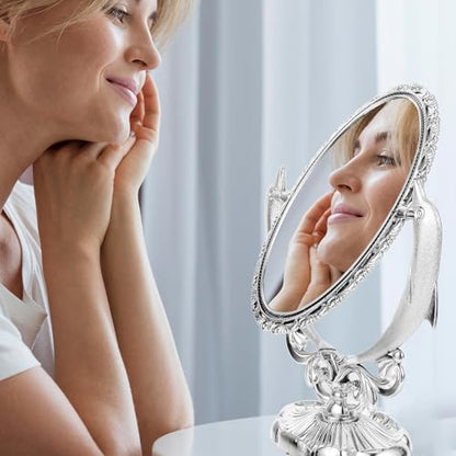 Baluue Double-Sided Tabletop Cosmetic Mirror with Swivel Stand Silver Decorative Vanity Mirror for Makeup Desk for Home Beauty and Dressing Table