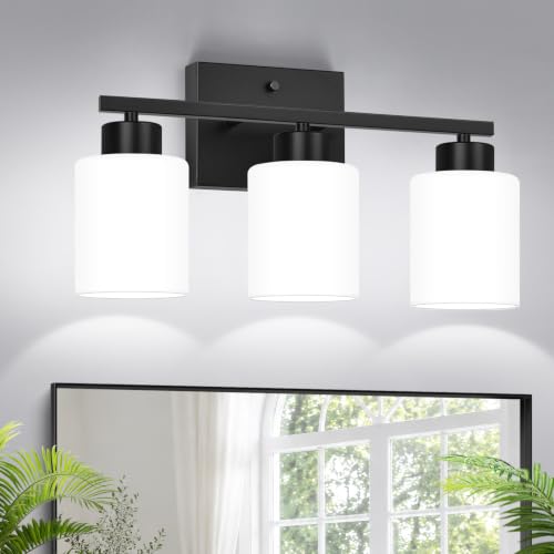 3-Light Bathroom Light Fixtures, Black Vanity Light with Milky White Frosted Glass Shades, Bathroom Wall Lamp with E26 Socket, for Mirror, Living Room, Bedroom - color: Matte Black & Milk Glass, size: 3-light