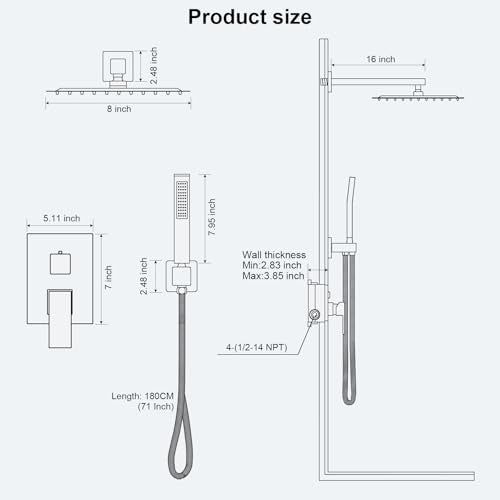 FPXRNG Shower Faucet Set with 8 Inch Matte Black Rain Shower Head | Pressure Balance Shower Valve and Trim Kit, SUS304 Square Shower Head and Handle Set, All Metal, Wall Mounted Shower Fixtures - color: Black, size: 8 Inch Wall Mount Shower Head