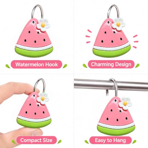Watermelon Shower Curtain Hooks 12 Pack Resin Cute Bathroom Hooks | Cute watermelon design resin shower curtain hooks, 12 pack, durable, smooth finish, adds fun bathroom decor style - color: Pink