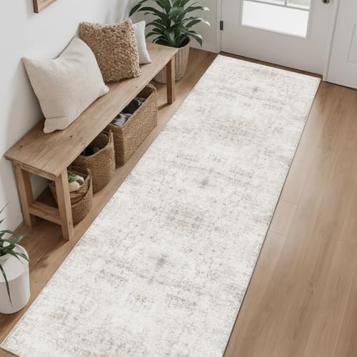 Hallway Runner Rug 2x8 Washable Area Rugs, Beige | Vintage Floral Soft Non Slip Stain Resistant Boho Floor Carpet Runners Hallways Entryway Laundry Kitchen Bathroom Bedroom - color: Beige, size: 2' x 8'