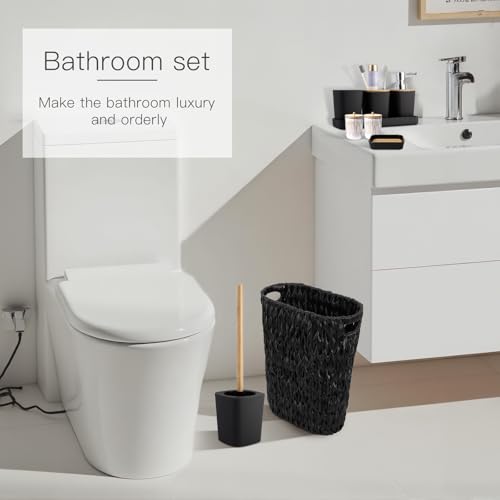 XLHOMO Black Bathroom Accessories Set with Wicker Trash Can Shower Curtain and Rugs,Bathroom Sets Small Waste Basket Bathroom Trash Can for Bedroom Bathroom - size: Wicker Bathroom Set+Shower Curtain+Bath Rugs, style: Black