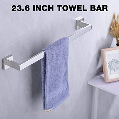 TRUSTMI Chrome 5-Piece Bathroom Hardware Set Wall Mount | SUS304 stainless steel, laser-welded seamless, 23.6" bar, 10.6" ring, 6.3" holder, 2 hooks, hardware included - color: Chrome