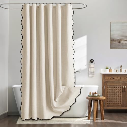 MIULEE 72"x108" Extra Long Scalloped Linen Shower Curtain Cream | Linen Textured, Waterproof, Washable, 12 Metal Hooks, Heavy Duty Cloth, Black Border, Shower Curtain for Bathroom Bathtub - color: Cream, size: 72"W x 108"L (Pack of 1)
