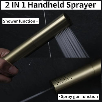AYIVG Brushed Gold Finish Round Brass 2 In 1 Function High Pressure Handheld Shower Head Sprayer Hand Shower Wand with 59 Inch Hose For Bathroom Shower System - color: Brushed Gold