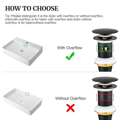 Pop up Sink Drain Stopper for Bathroom Vessel Vanity Sink Art Basin Matte Black ，Big Cap with Overflow, Metal Pop-up Drain Strainer with Detachable Basket Stopper - color: Matte Black, style: with overflow