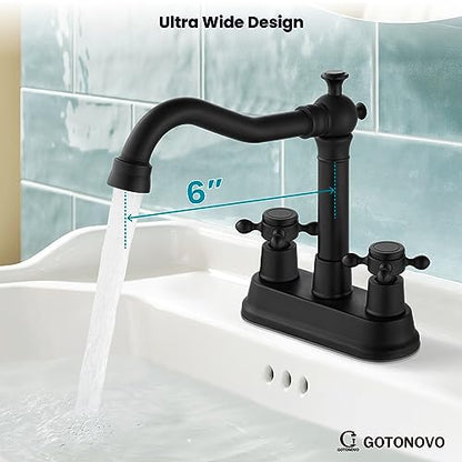 gotonovo 4 Inch Centerset Bathroom Faucet 2 Cross Handles Deck Mount 2 Hole Lavatory Vanity Utility Mixer Tap with Water Supply Hoses and Pop Up Drain RV Farmhouse, Matte Black - color: Matte Black