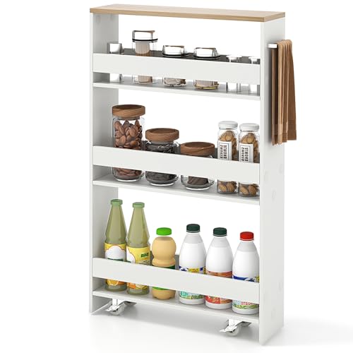 COSTWAY Slim 4-Tier Rolling Utility Cart, Wooden Shelving Unit with Handle & Wheels, Ideal for Small Spaces - color: White