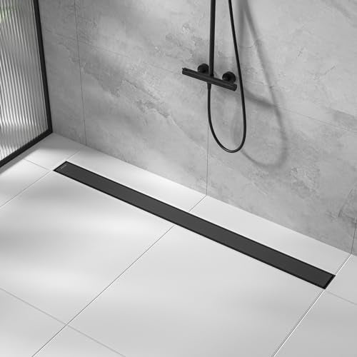 Linear Shower Drain, 304 Stainless Steel Floor Drain 42" | with Tiled Insert Grate & Hair Strainer, Bathroom 2-in-1 Tiled in Drain, CUPC Certified - color: Matte Black, size: 42''