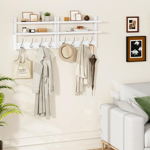 YMYNY Double Shelf Coat Rack Wall Mount with 8 Hooks, White HWS009W-2 | Wooden Coat Hanger Key Holder Wall Mount for Coats Hats Keys - Wood Wall Mounted Coat Rack with Shelf for Entryway & Bathroom - color: White