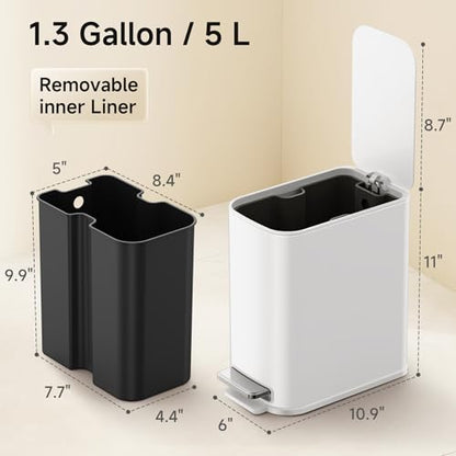 TIPGO Small Bathroom Trash Can with Lid Soft Close, Step Pedal, 1.3 Gallon / 5 Liter Stainless Steel Slim Garbage Can for Office, Diaper Waste Basket with Removable Inner Bucket (White) - color: White