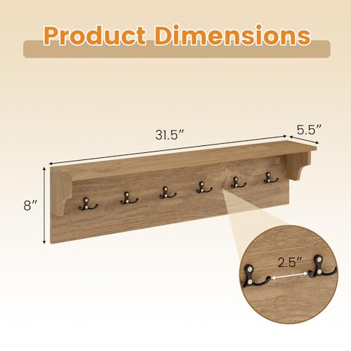 GIANTEX Coat Rack Wall Mount, 31.5" Wooden Coat Hooks with Shelf, Natural | Wall Clothes Rack w/ 6 Dual Hooks for Hats Towels Purses Robes, Floating Display Shelf for Living Room Bedroom Entryway - color: Natural