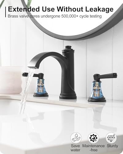 Matte Black Bathroom Faucet 3 Hole, Brass Bathroom Waterfall Faucet, 4-16 Inch Bathroom Sink Faucets, 2 Handle Widespread Faucet for Bathroom Sink with Water Supply Hoses, Pop-Up Drain - color: Matte Black