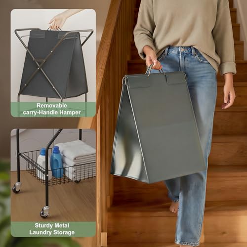 Laundry Basket with Wheels:88L Rolling Laundry Cart Foldable Metal Frame Dirty Clothes Laundry Hamper 36"H 4 Caster 2 Brake Waterproof Removable Liner Carry Handle for Dorm Laundry Room,Gray - color: Gray
