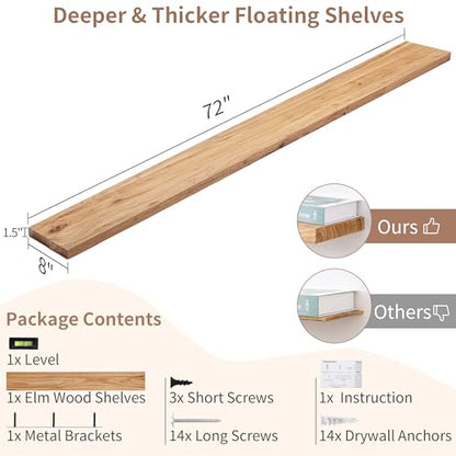 Floating Shelves for Wall, 72in Reclaimed Elm Wood Shelves, Natural | 8" Deep Wall Shelf, Invisible Bracket, Large Long Wall Shelves, Living Room, Bedroom, Kitchen, Bathroom - color: Natural Flat Edge, size: 72 inches - 1P