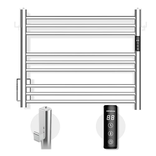 K&KALONZO Wall-Mounted 9-Bar Heated Towel Rack, Fast Heat in 2 Min, NTC Safety | 4 Timers & 3 Heat Levels Control, Plug-In/Hardwired, Top Hooks, Memory Function, Anti-Scald, Stainless Steel, EL13SP - color: Polished, size: H 19.7 x W 23.6