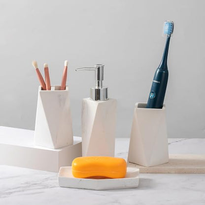 Bathroom Accessory Sets，4 Piece Bathroom Organizer Countertop with Toothbrush Cup,Soap Dispenser,Soap Dish,Tumbler，Imitated Resin Kits Retro Minimalist Style (Prismatic Marble)