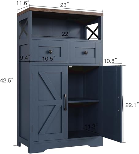 FiveWillowise Farmhouse Blue Storage Cabinet with Barn Doors and Drawers, Small Freestanding Kitchen Pantry Cabinet, Hutch Cupboard for Kitchen, Laundry, Living Room,Bathroom - color: Navy Blue