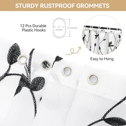 Embroidered Leaf Farmhouse Shower Curtain,Faux Linen,72Wx72L,White Black | Boho Modern Shower Curtain Set, Washable & Waterproof Fabric, Floral Shower Curtains for Bathroom with Hooks - color: White Black