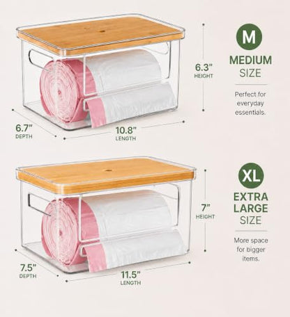 2-in-1 Stackable Trash Bag Dispenser & dishwasher pod holder with Wooden Top – Garbage Bag Holder for 13-33 Gallon Bags – Trash Bag Dispenser Under Sink with Anti-Slip Base for Laundry Detergent Pods
