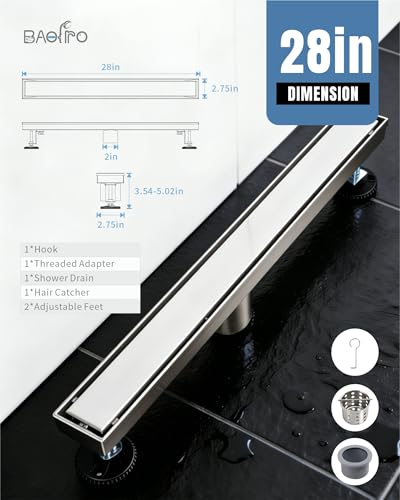 28 Inch Brushed Stainless Steel Linear Shower Drain | CUPC Certified 2-in-1 Tile Insert for Curbless Showers. 304 Steel, 15.8GPM Flow. Includes Hair Catcher & Adjustable Feet. - color: Brushed Stainless, size: 28in