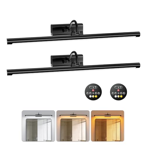 Vanity Bathroom Lights Rechargeable Light for Bathroom Black 2Pack | 24inch 10000mAh Detachable Battery Wireless, 500LM Dimmable, Remote Control with 3CCT, 250° Rotatable for Bathroom Mirror - color: Black, size: 2 Pack