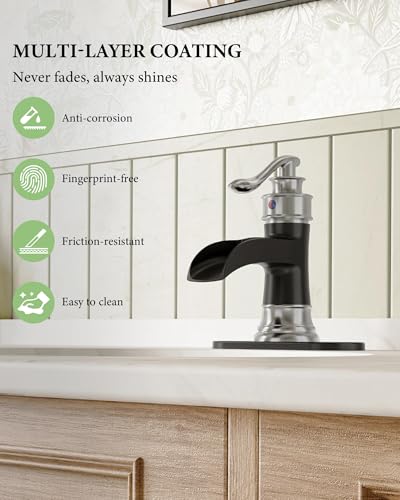 Bathroom Sink Faucet Waterfall Single Handle Matte Black and Brushed Nickel | Lavatory Vanity Basin Mixer Tap One Hole Lever Deck Mount Commercial Supply Line by Homevacious - color: Black & Nickel