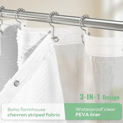 Stall Shower Curtain and Liner Set - 48 x 64 inch Boho Shower Curtain and Waterproof Clear Liner, Tufted Geometric Striped Textured Tassel Shower Curtains for Bathroom, 8 Hooks, 48x64, White - color: White, size: 48"W x 64"L (Pack of 1)