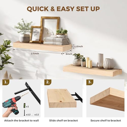 Solid Wood Floating Shelves, 17 Inch Wall Shelves, Set of 2, Wood | 8 Inch Deep, 1.6 Inch Thick, Extra-Wide Display Space, Mounting Hardware Included, For Kitchen, Bathroom and Living Room - color: Wood, size: 17x8x1.6