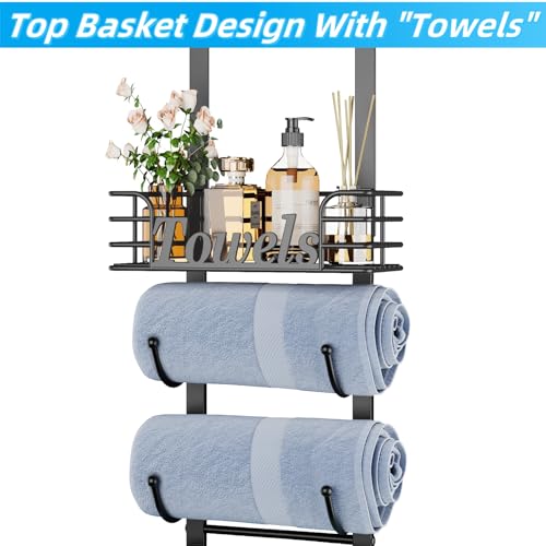 Over The Door Towel Rack 6 Tier with Metal Shelf and Hooks, Black | Wall Mounted, Rolled Towel Storage, Bathroom Door Holder Organizer