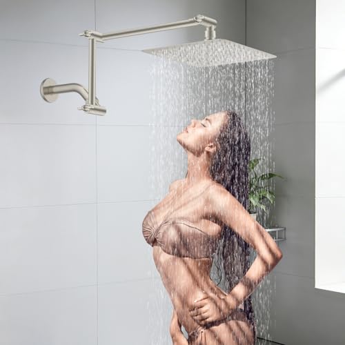 All-Metal 16" Shower Head Extension Arm, G1/2" Universal, Brushed Nickel | Flexible Brass Shower Head Extender Adjustable Height/Angle, Stainless Steel Rain Shower Pipe Height Extended with Lock Joint - color: Brushed Nickel, size: 16 Inch