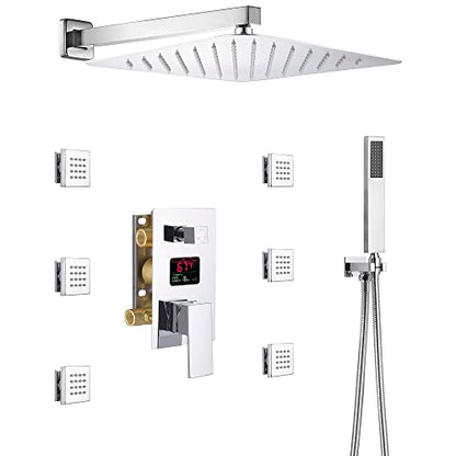 Cascada Digital 12” Wall Mounted Shower System with Single Handle & LCD Display, 3 Functions (Rainfall, Body jets & Handheld) (Rose Gold) - color: Rose Gold