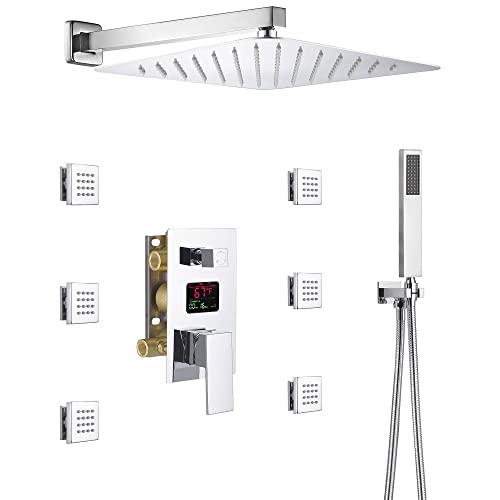 Cascada Digital 12” Wall Mounted Shower System with Single Handle & LCD Display, 3 Functions (Rainfall, Body jets & Handheld) (Polished Stainless Steel) - color: Polished Stainless Steel