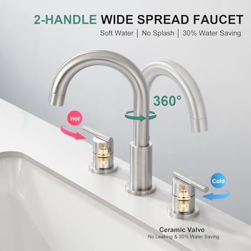 Faustina 3 Hole Bathroom Faucet, Brushed Bathroom Faucets for Sink 3 Hole/Double-Handle/8-Inch Widespread Bathroom Faucet, Stainless Steel Bathroom Vanity Faucet(Pop Up Drain/Supply Line), Brushed - color: Brushed, style: Modern Widespread