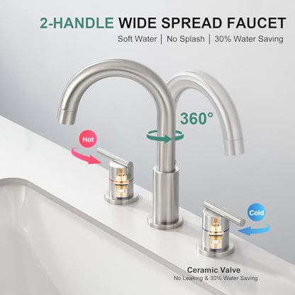 Faustina 3 Hole Bathroom Faucet, Brushed Bathroom Faucets for Sink 3 Hole/Double-Handle/8-Inch Widespread Bathroom Faucet, Stainless Steel Bathroom Vanity Faucet(Pop Up Drain/Supply Line), Brushed - color: Brushed, style: Modern Widespread