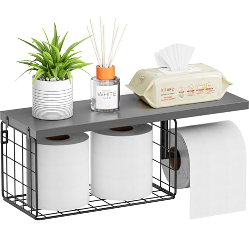 VITVITI Toilet Paper Holder with Shelf, Wall Mounted Storage Basket, Gray | Farmhouse Wall Mount Toilet Paper Holder Shelves, Wood Metal Toilet Roll Wipes Holder for Bathroom - color: Gray