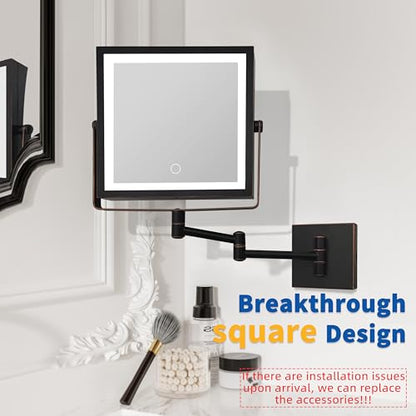 Ruacq Wall Mounted Makeup Mirror with Lights 1X/10X Oil Rubbed Bronze | 8",4000mAh Rechargeable,Magnification,3 Color,Touch Screen Dimmable,360° Rotation Extension Foldable Arm, Square, Women Gift - color: Oil Rubbed Bronze